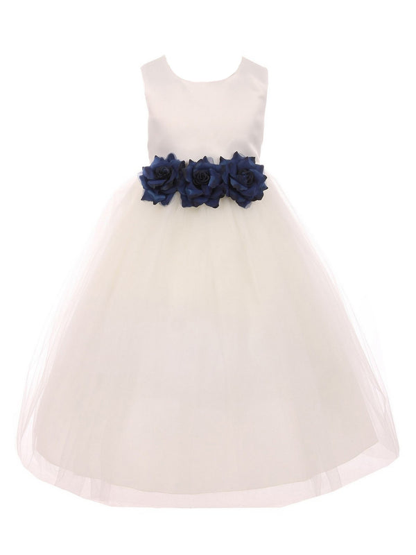 Kids Dream Big Girls Ivory Navy Floral Satin Junior Bridesmaid Dress 8-14 - SophiasStyle.com